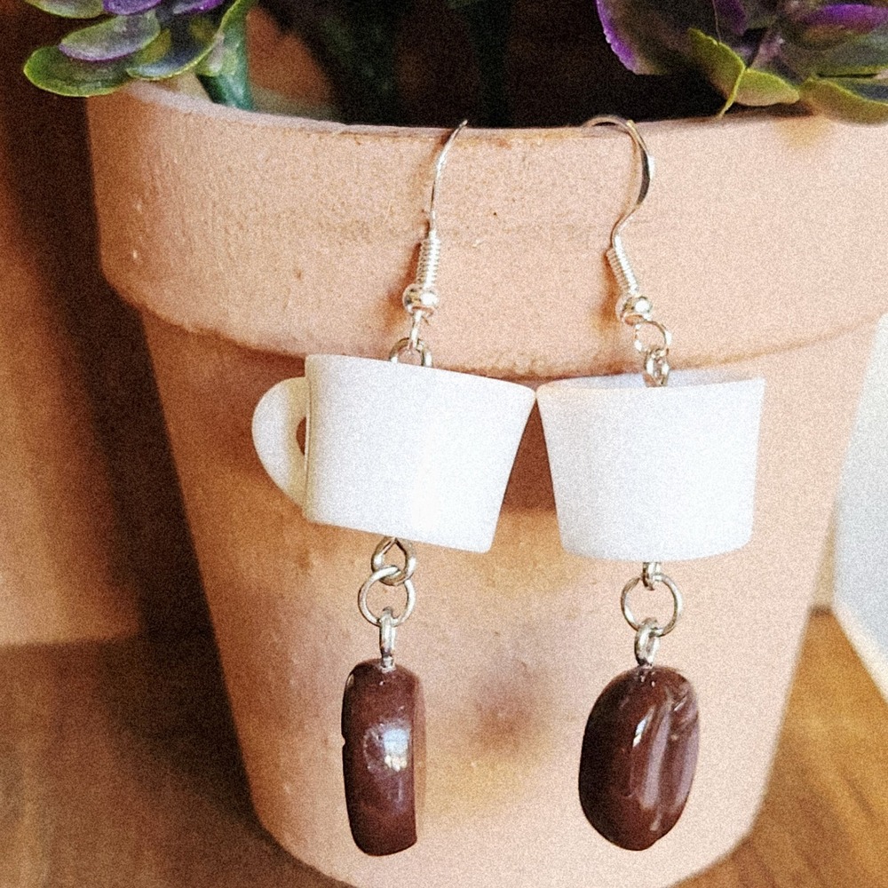 White Coffee Cup and Bean Dangle Earrings Silver Tone Novelty‎ Barista Jewelry